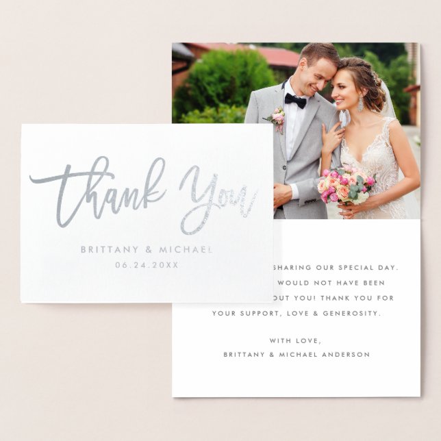 Modern Brush Script Thank You Wedding Photo Silver Foil Card (Display)