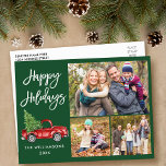 Modern Brush Script Truck 3 Photo Green Holiday Postcard<br><div class="desc">Modern Brush Script Watercolor Vintage Red Truck with Christmas Tree - Happy Holidays Family 3 Photo Green Postcard</div>