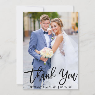 Modern Brush Script Wedding Couple Photo Thank You Card