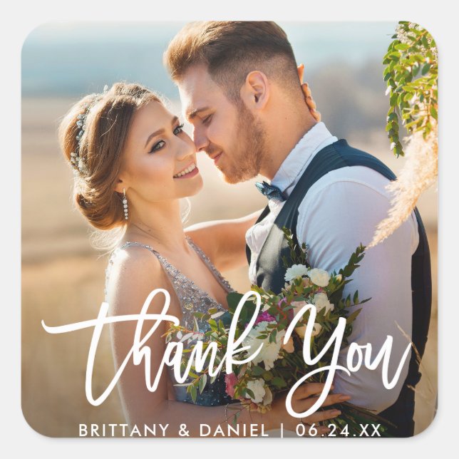 Modern Brush Script Wedding Couple Thank You W Square Sticker (Front)