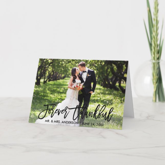 Modern Brush Script Wedding Forever Thankful Fold Thank You Card (Front)
