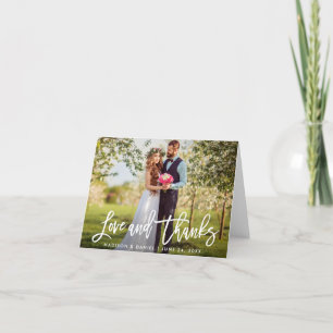 Modern Brush Script Wedding Photo Love Thanks Note Card