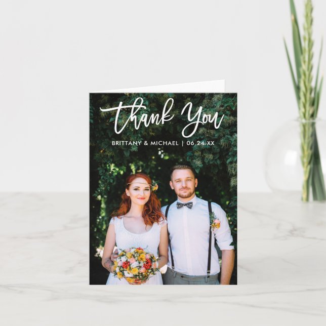 Modern Brush Script Wedding Photo Thank You W Note Card (Front)