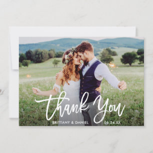 Modern Brush Script Wedding Photo W Thank You Card