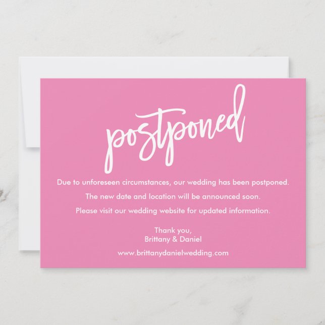 Modern Brush Script Wedding Postponed Pink Card (Front)