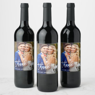 Modern Brush Script Wedding Thank You Photo Wine Label