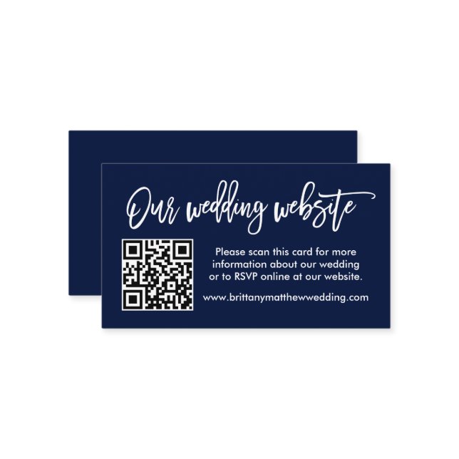 Modern Brush Script Wedding Website QR Blue Enclosure Card (Front/Back In Situ)