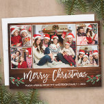 Modern Brush Script Wood 5 Photo Family Christmas Holiday Card<br><div class="desc">Modern Brush Script 5 Photo Family Photo Collage Merry Christmas Card includes Watercolor Christmas Holly Berries - Rustic Country Wood</div>