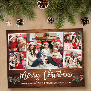 Modern Brush Script Wood 5 Photo Family Christmas Postcard