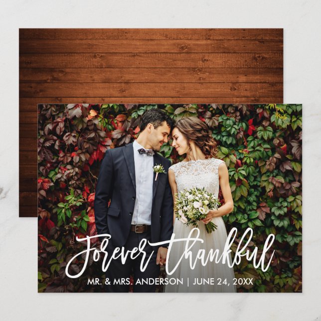 Modern Brush Script Wood Forever Thankful Card (Front/Back)