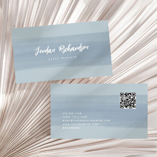 Modern Brush Stroke   Dusty Blue with QR Code Business Card