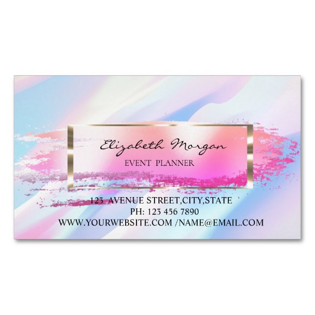 Modern Brush Stroke Frame Abstract Holographic Magnetic Business Card (Front)