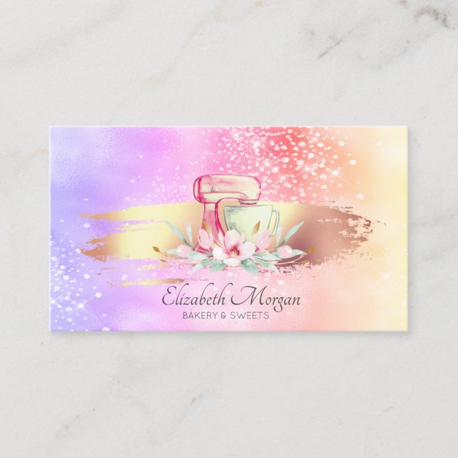 Modern Brush Stroke Holographic Cake Mixer Business Card (Front)