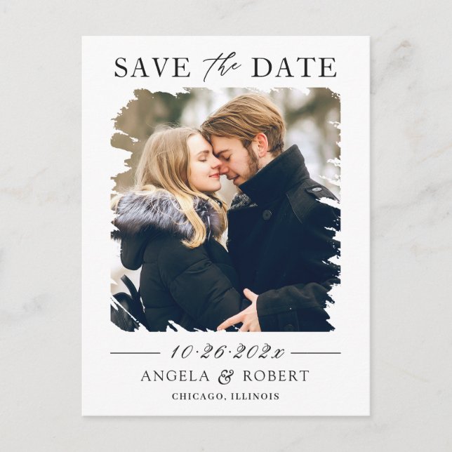 Modern Brush Stroke Photo Frame Save the Date Postcard (Front)