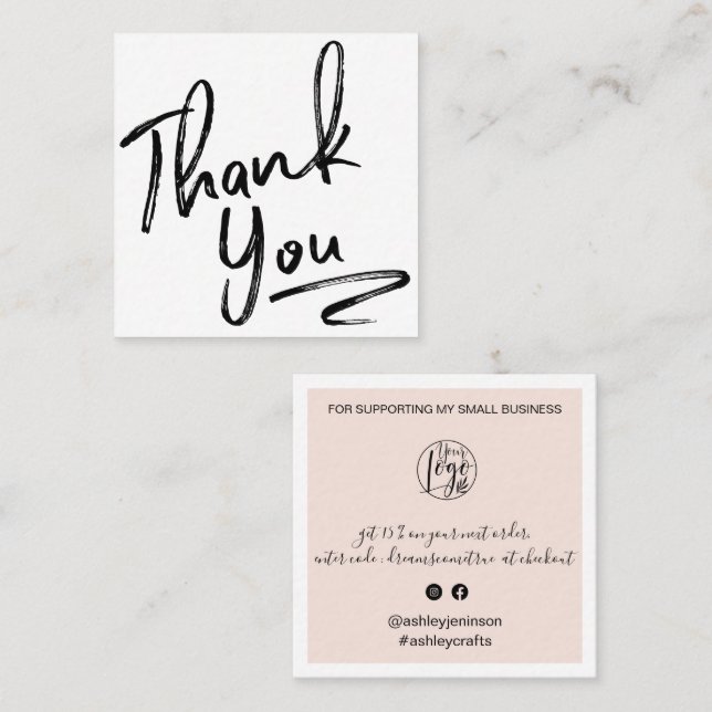 Modern brush thank you script order blush pink square business card (Front/Back)