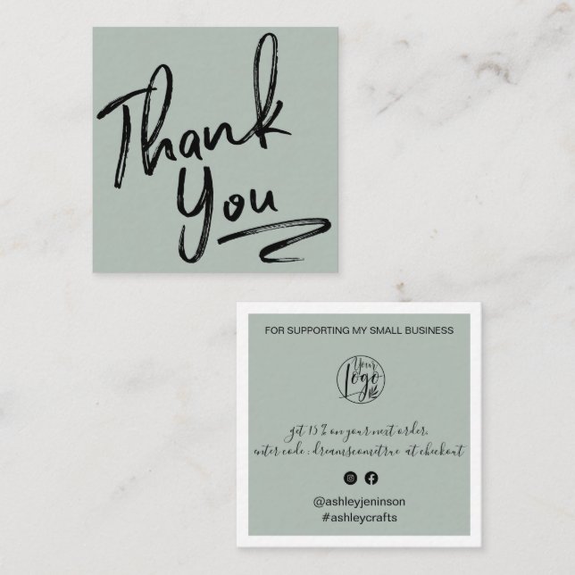 Modern brush thank you script order sage green square business card (Front/Back)