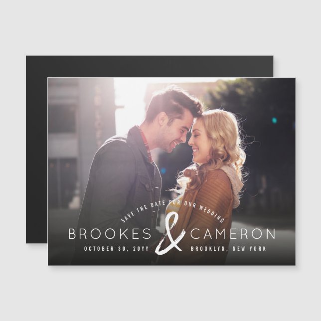 Modern Brushed Ampersand Photo Save The Date Magnetic Invitation (Front/Back)
