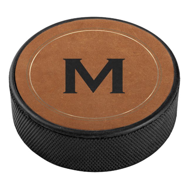 Modern Brushed Gold Luxury Monogram Hockey Puck (3/4)