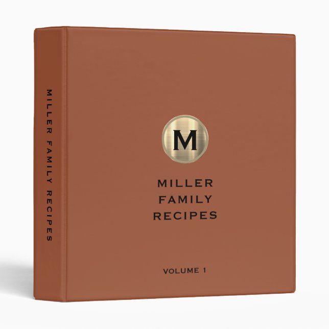 Modern Brushed Gold Monogram Family Recipe Binder (Front/Spine)
