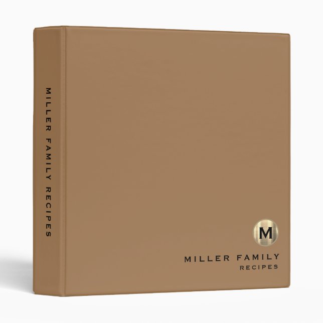 Modern Brushed Gold Monogram Initial Family Recipe Binder (Front/Spine)