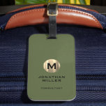 Modern Brushed Gold Monogram Olive Green Luggage Tag<br><div class="desc">A modern luxury vertical design in classic style with a brushed metallic gold monogram emblem with large typographic initial monogram on an olive green background. The text can easily be customized using the fields provided.</div>
