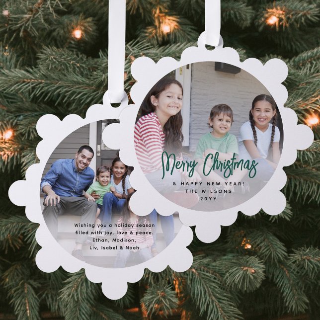 Modern Brushed Green Script Merry Christmas Photo Ornament Card (Creator Uploaded)