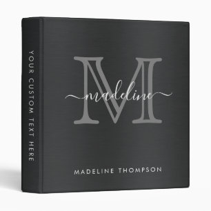 Modern Brushed Metal Black Gray Script Monogram Binder