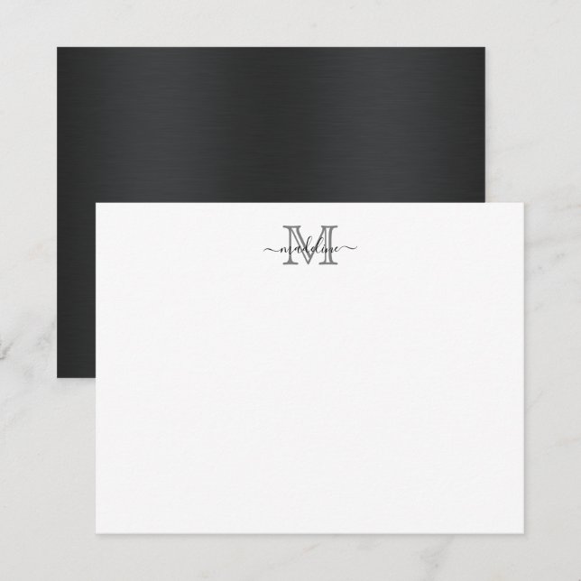 Modern Brushed Metal Black Grey Script Monogram Card (Front/Back)