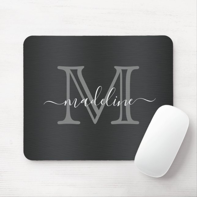 Modern Brushed Metal Black Grey Script Monogram Mouse Pad (With Mouse)