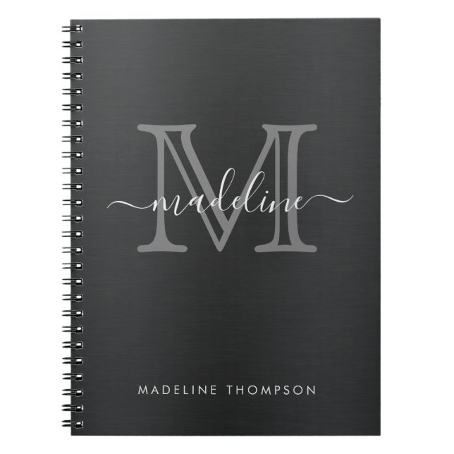 Modern Brushed Metal Black Grey Script Monogram Notebook (Front)