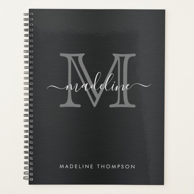 Modern Brushed Metal Black Grey Script Monogram Planner (Front)
