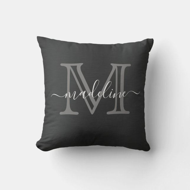 Modern Brushed Metal Black Grey Script Monogram Throw Pillow (Front)