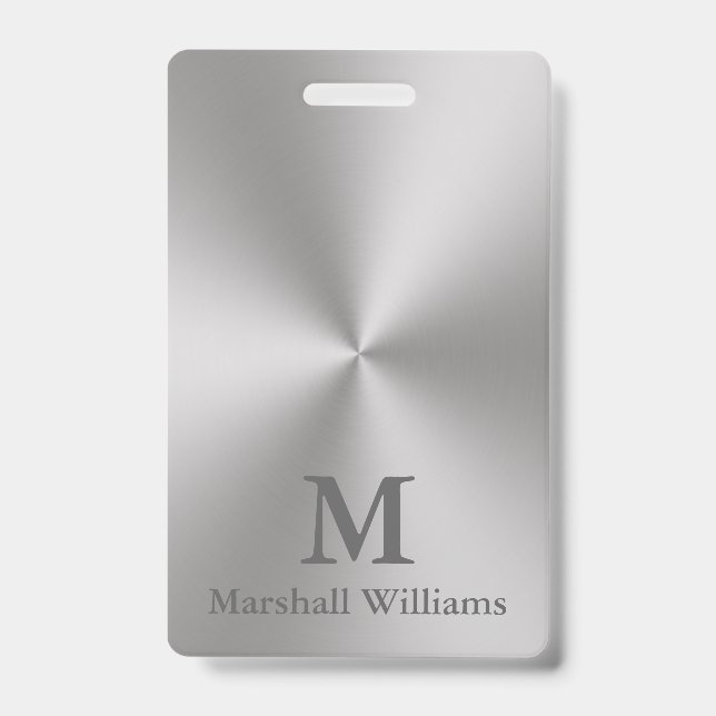 Modern Brushed Metal Look Grey Name Text Monogram Badge (Front)