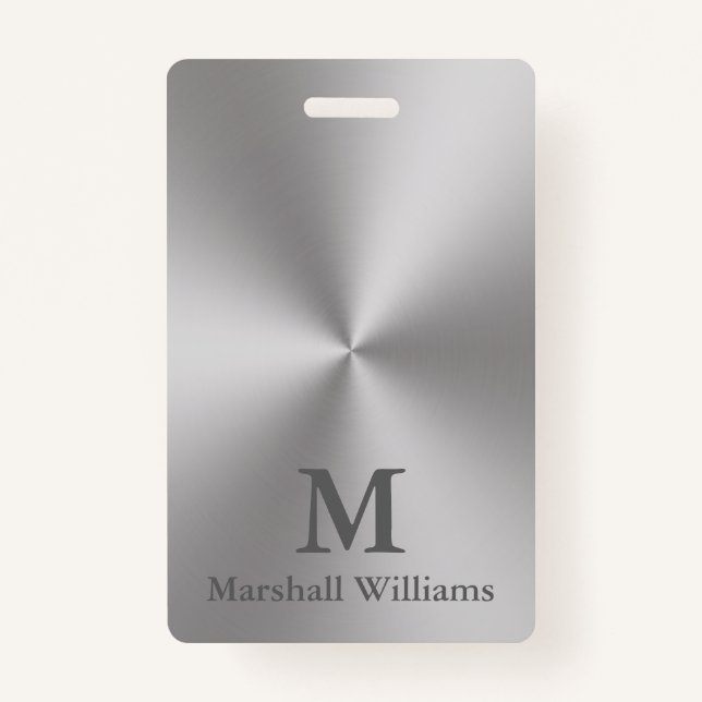 Modern Brushed Metal Look Grey Name Text Monogram Badge (Front)