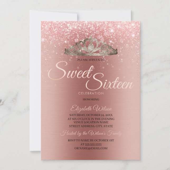 Modern Brushed Metal Rose Gold Glitter Sweet 16 Invitation (Front)