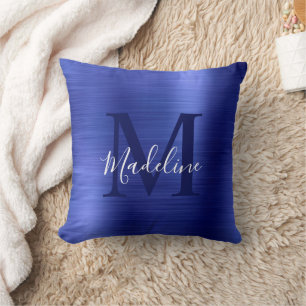 Modern Brushed Metallic Blue Script Monogram Throw Pillow