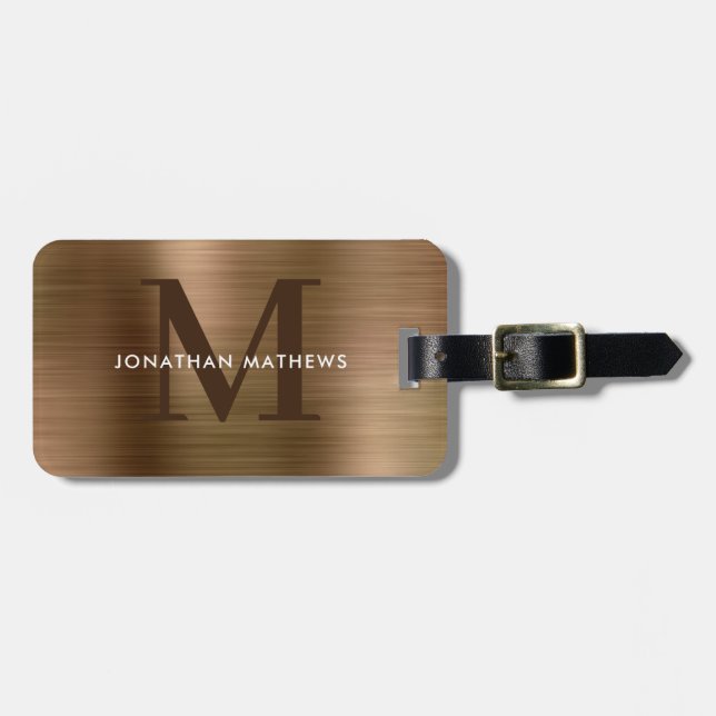 Modern Brushed Metallic Gold Monogram Luggage Tag (Front Horizontal)