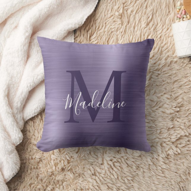 Modern Brushed Metallic Purple Monogram Throw Pillow (Blanket)