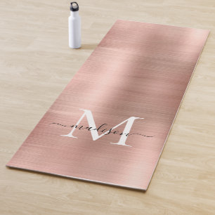 Modern Brushed Metallic Rose Gold Monogram Script Yoga Mat