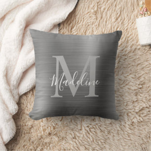 Modern Brushed Metallic Silver Grey Monogram Throw Pillow