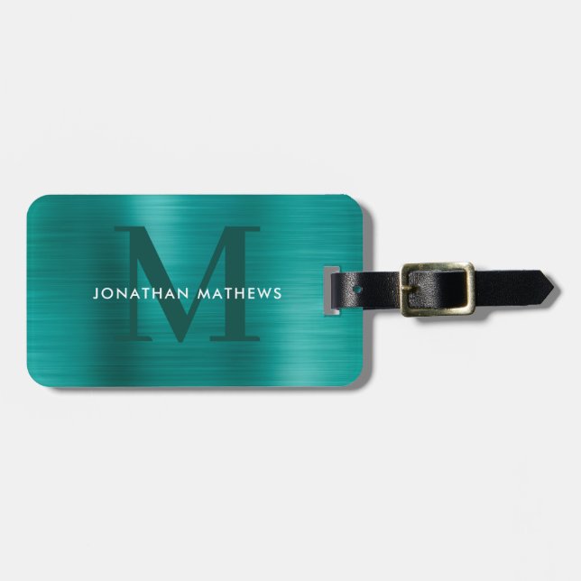 Modern Brushed Metallic Teal Monogram Luggage Tag (Front Horizontal)