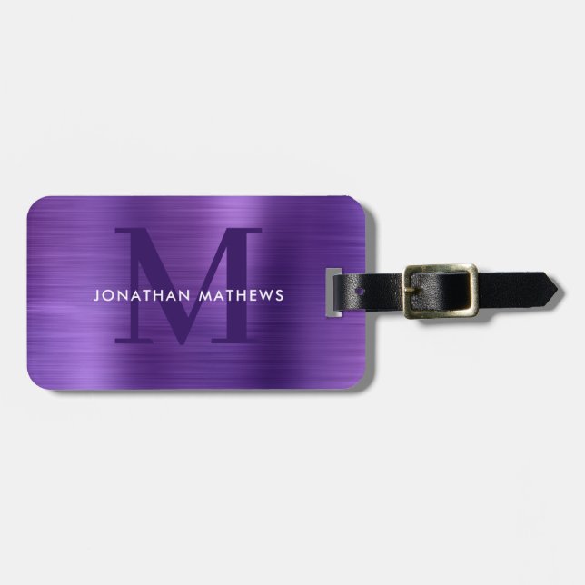 Modern Brushed Metallic Violet Monogram Luggage Tag (Front Horizontal)