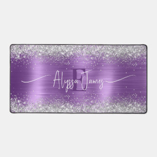 Modern Brushed Purple Foil Faux Silver Glitter  Desk Mat