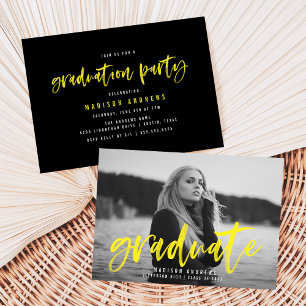 Modern Brushed Script in Yellow   Graduation Party Invitation