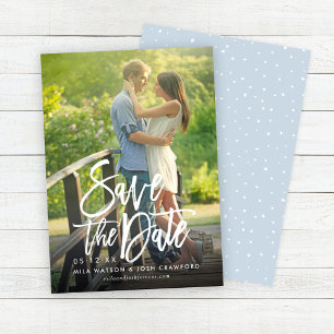 Modern Brushed Script Wedding Photo Dusty Blue Save The Date