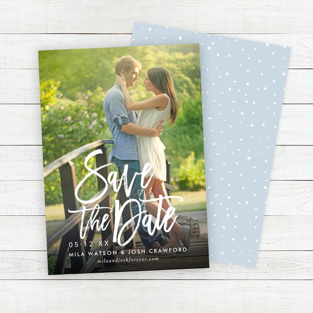 Modern Brushed Script Wedding Photo Dusty Blue Save The Date (Creator Uploaded)