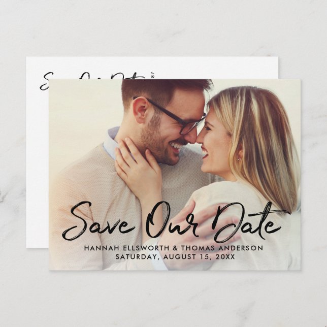 Modern Brushed Script Wedding Photo Save Our Date Announcement Postcard (Front/Back)