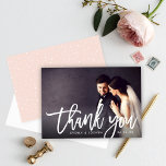 Modern Brushed Script Wedding Photo Thank You<br><div class="desc">Stylish wedding flat thank you note card template features a rustic brushed script "thank you" overlay design with modern monogram and a landscape photo of the bride and groom on the front side. Includes a brushed pattern of dots with a blush pink background colour (can be modified) on the back...</div>