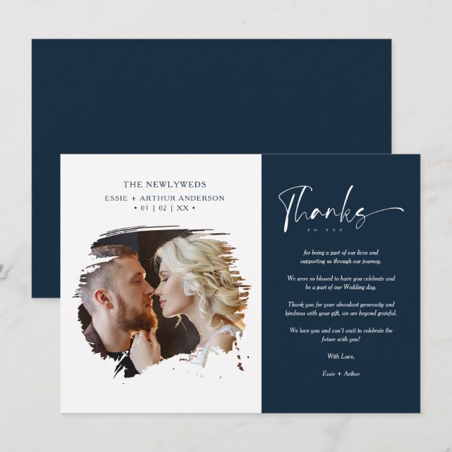 Modern Brushstoke Photo Newlyweds Couple Wedding  Thank You Card (Front/Back)