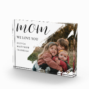 Modern Brushstroke Black Script We Love You Mom Photo Block